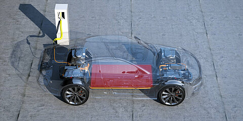 Transparent e-car model visualizing the fields of application for Coroplast Tape adhesive solutions