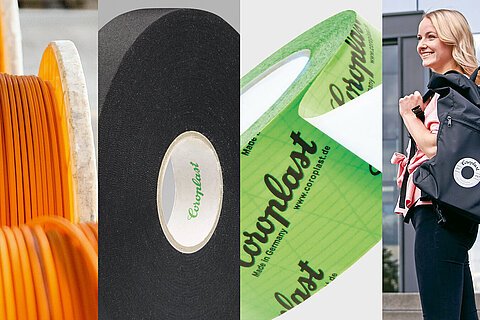 Examples of sustainable products from the Coroplast Group: high-voltage cables, adhesive tapes made from recyclate, or courier backpacks made from scrap material