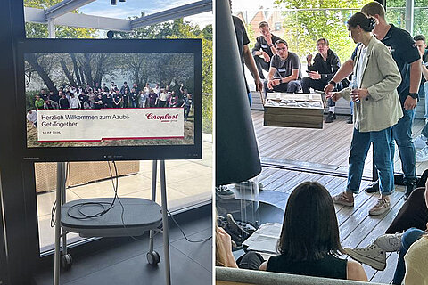 Collage of apprentices during an icebreaker game and a welcome message