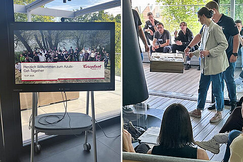 Collage aus Azubis bei Kennenlernspiel und Willkommensbotschaft