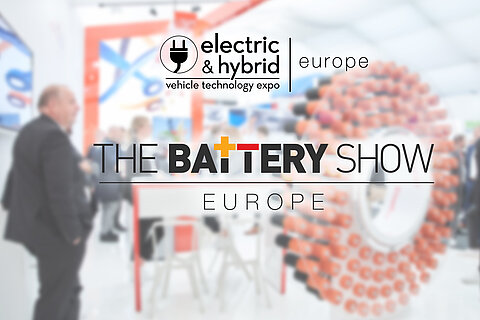 Messeimpression mit Logo der Battery Show Europe