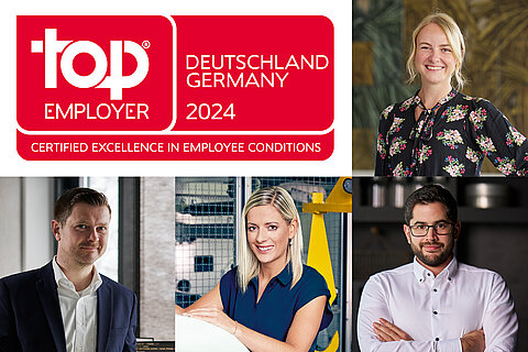 Siegel „Top Employer 2024“, umrahmt von Portraits einiger Mitarbeitenden