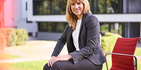 Claudia Wahl, strategic buyer WeWire, in front of the Coroplast Group's Headquarters in Wuppertal, Germany