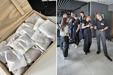 Collage: team spirit and discovery with apprentices and a treasure chest